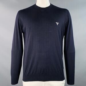 PRADA Size L Navy White Jersey Logo Virgin Wool Long Sleeve Pullover